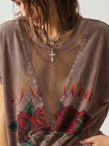 Bohemela Western Style Solid Color Pattern Knit Crew Neck Washed T-Shirt For Women, Summer - Brown - View 3