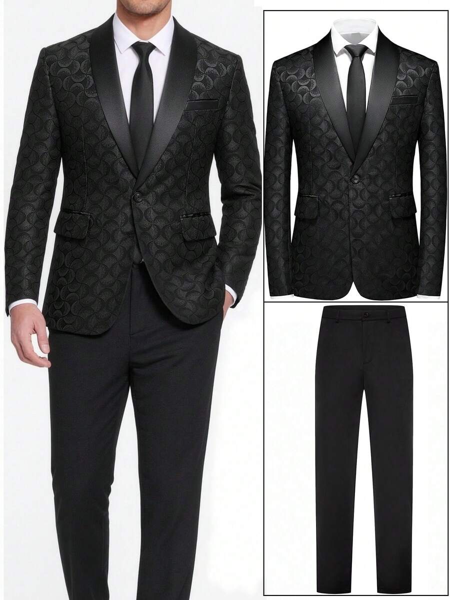 Calvornis Men's Suit Set Buttoned Pocket Long Sleeve Shawl Collar Blazer And Stylish Business Commute Trousers Wedding Suit Formal, Ceremony - Black - View 1