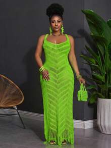 Slaydiva Plus Size Summer Sleeveless Hollow Out Sheer Dress - Green - View 4