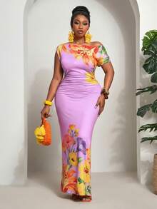 Slaydiva 优雅迷人的派对、约会、婚礼、毕业典礼、晚宴、生日、家庭聚会、朋友外出、舞会、派对、度假、酒店、邮轮、海滩度假修身不对称肩短袖褶皱腰部大碎花针织长裙 - 大码 - 淡紫色 - 查看 7