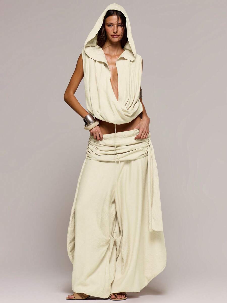 Pantalones de pierna ancha con textura de lino de talle bajo y caída extrema, para primavera y verano, sexy para citas, club, festival, salida nocturna, vacaciones, atuendos primaverales de chica cool, fiesta - Crema - Ver 1