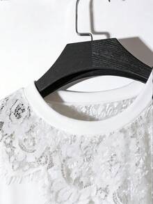 SHEIN Clasi 女士纯色简约日常短袖蕾丝拼接T恤 - 白色 - 查看 4