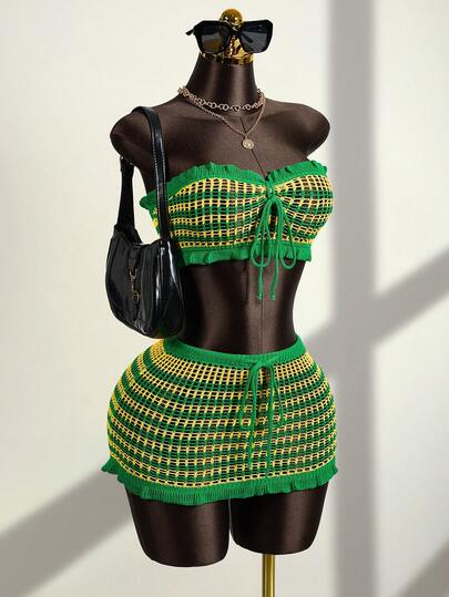 Zestiva Conjunto de 2 piezas de top bandeau con volantes multicolor y minifalda con dobladillo de volantes para vacaciones