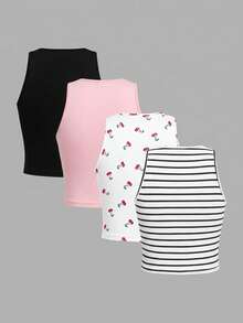 SHEIN EZwear 女士四件套休闲套装，黑白条纹图案，樱桃印花，黑色和粉色百搭性感吊带背心，夏季必备 - 彩色 - 查看 2
