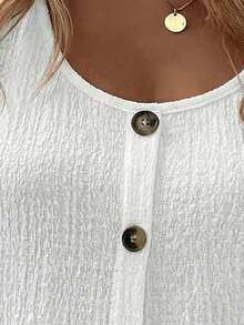 EMERY ROSE Plus Size New Fashion Casual Versatile Round Neck Button Decor Textured Tank Top - White - View 3