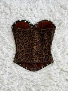 Soleia 女士休闲度假西部海滩婚礼宾客着装毕业早午餐，适合圣帕特里克节、春假、复活节、音乐节等场合，优雅波西米亚热带风情无肩带露背系带豹纹短款上衣 - 卡其色 - 查看 3