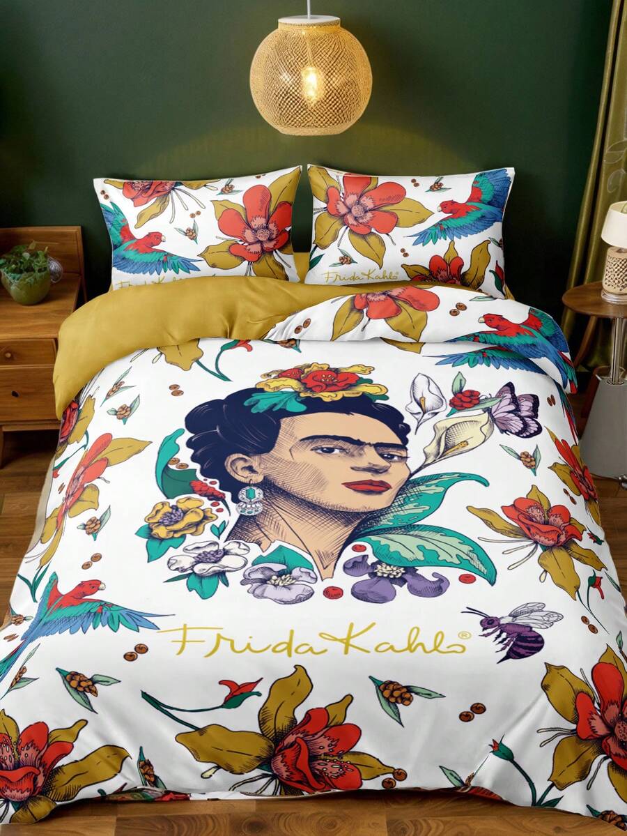 Frida Kahlo X SHEIN 弗里达花鸟印花三件套被子，磨毛材质，柔软保暖，多种尺寸可选，适用于单人床/双人床/大号床/特大号床，可机洗 - 彩色 - 查看 1
