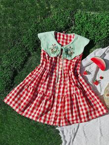 Sweetra Plus Size Summer Red & White Plaid Cute Peter Pan Collar Sleeveless Printed Shirt - Multicolor - View 6