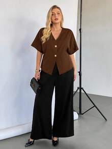 Auralis Blusa de manga corta negra para mujer de talla grande, blusa de verano de moda casual de negocios, blusa nueva, top lindo para mujer estilo Old Money - Marrón Mocha - Ver 6