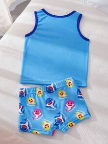 BABY SHARK X SHEIN Bộ đồ lót bé trai gồm áo ba lỗ cổ tròn và quần short in chữ và hoạt hình. - Màu xanh lam - Xem 2
