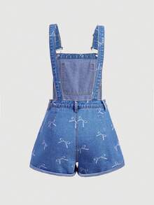 SHEIN Girlism 少女白色蝴蝶结装饰蓝色牛仔背带短裤，儿童女孩春夏休闲度假乡村波西米亚风服装，儿童女孩沙滩装，女孩西部街头装，春假服装，锐舞派对服装牛仔背带短裤，女士度假装 - 中等水洗藍 - 查看 2