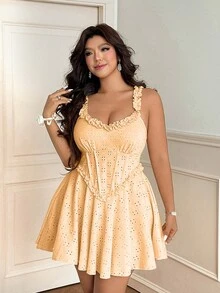 Vionelle Vestido de tirantes de línea A con volantes y calados en el bajo, de jacquard beige para mujer, talla grande, atuendo casual de vacaciones, atuendo para citas, atuendo dulce para el té de la tarde - Burdeos - Ver 1