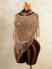 Swim Vcay Bufanda triangular tejida con lentejuelas hecha a mano, capa de hombro con flecos y hueca de moda para mujeres - Camel - Ver 2
