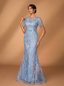Serin Đầm ren thêu hoa sang trọng, tinh tế với sequin và ngọc trai, tay áo voan mỏng, thích hợp cho đám cưới, tiệc tùng, kỳ nghỉ, dạ hội, váy dạ hội cho cô dâu, mẹ cô dâu. - Màu xanh bụi bặm - Xem 4