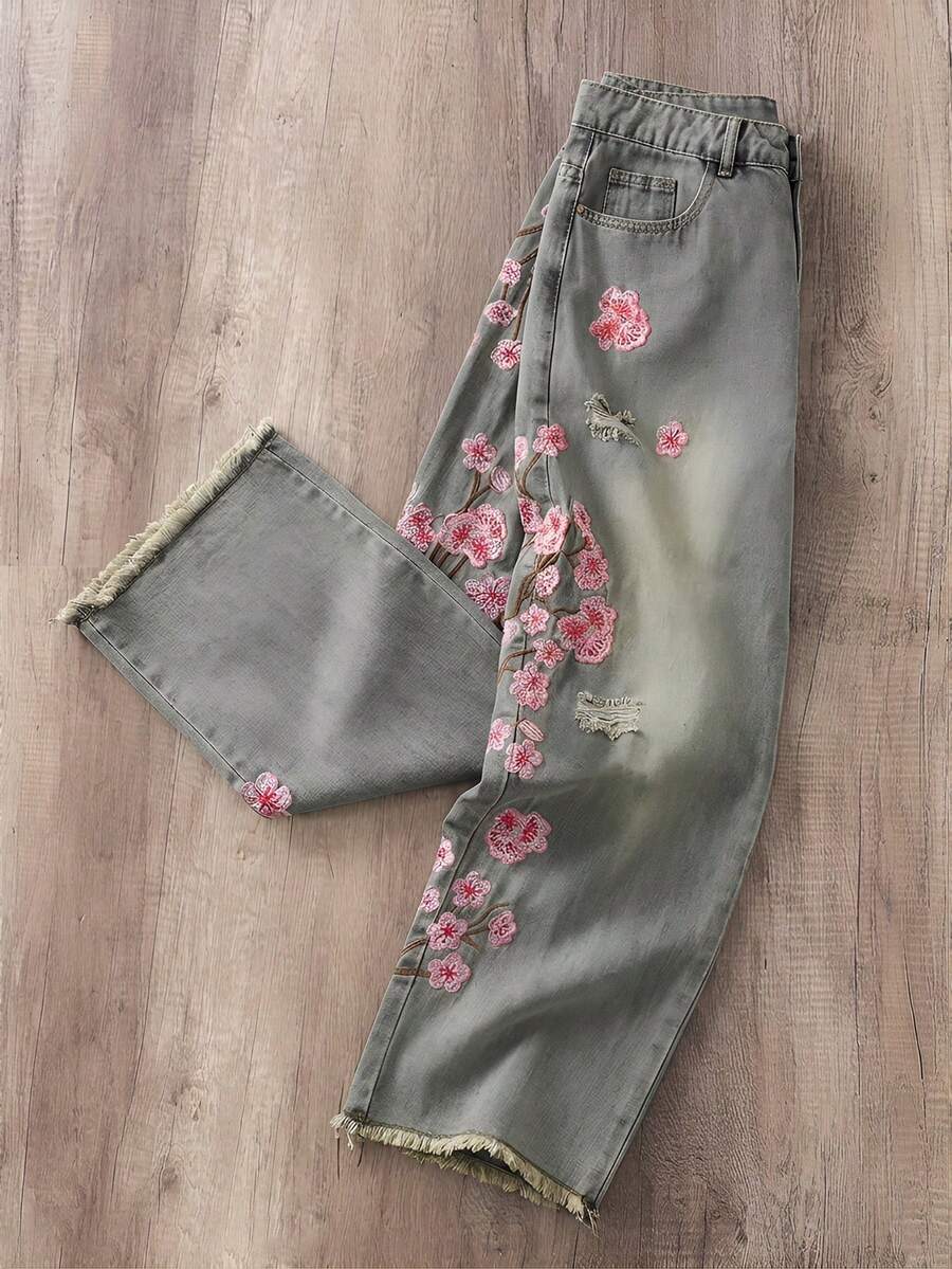 Manfinity Joysei Blugi bărbătești cu model stradă, spălați, cu broderie în flori de prun, stil Street Fashion - Albastru - Vizualizare 1