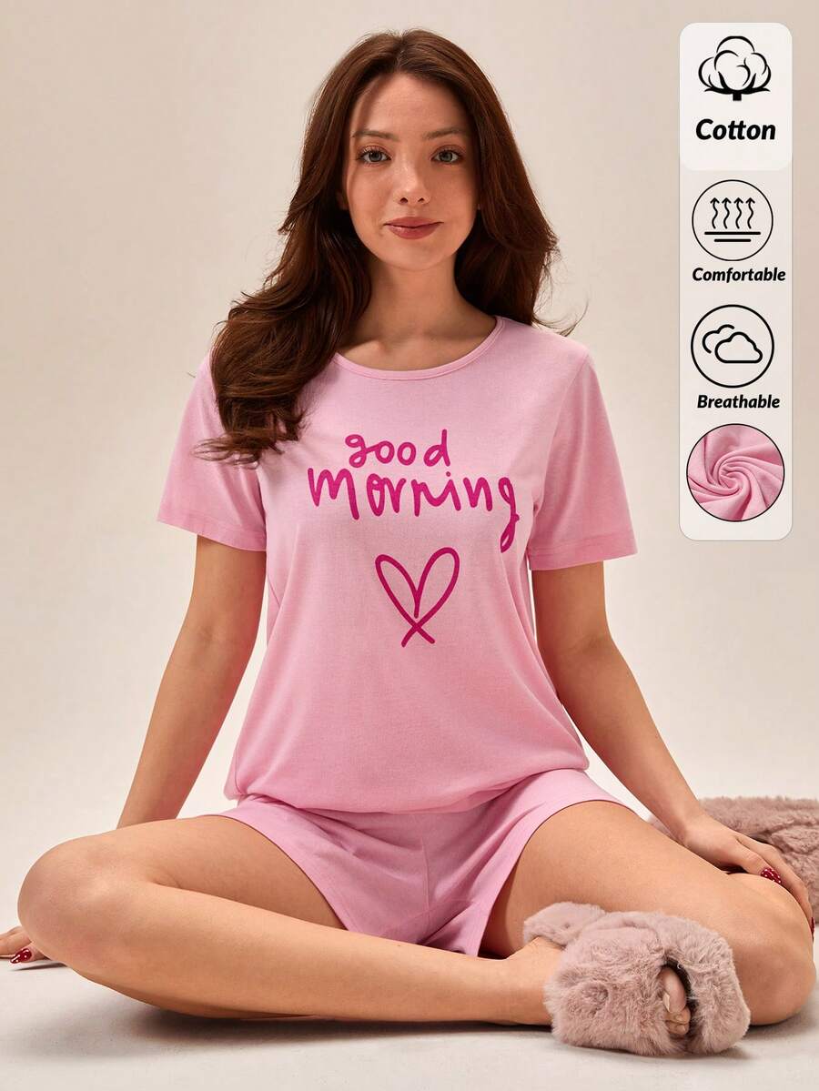 Loomlin Ensemble de pyjama décontracté d'été en 100% coton pour femmes, composé d'un t-shirt de nuit à manches courtes avec motif "Good Morning" et cœur, et d'un short de nuit à taille élastique confortable et décontracté - Rose bonbon - Voir 1