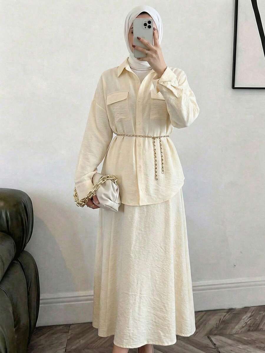 Solavon Bộ đồ nữ thường ngày gồm áo và chân váy màu trơn, thích hợp mặc đi làm. - Vàng nhạt - Xem 1