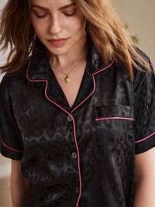 Conjunto de pijama de satén con ribete de contraste - Negro - Ver 5