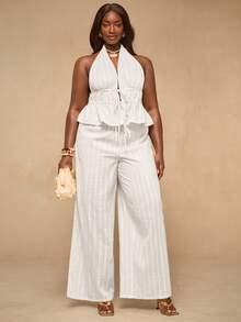 SHEIN BAE Damen Große Größen Set aus weißem Träger-Top mit Bindedetail und weiter Hose - Weiss - Übersicht 8