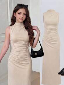 SHEIN Girlism Vestido sin mangas color albaricoque con pliegues en la cintura para adolescentes - Albaricoque - Ver 1