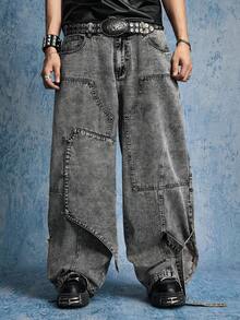 ROMWE MEN Street Life Vaqueros desgastados de pierna ancha, holgados e informales con bolsillo y hebilla de avión para hombre - Marrón - Ver 6