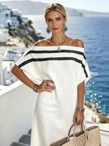 Balvessa 休闲度假露肩条纹宽松连衣裙 - 白色 - 查看 6