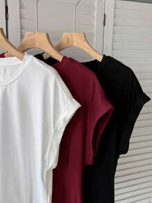 SHEIN LUNE 3件套女士休闲纯色基础款短袖T恤可爱上衣基础款上衣外出机场女装街头风外出上衣夏季女装3件套女士露脐上衣女士T恤女士外出上衣女士节日上衣奶油黄外出上衣女士纯色上衣纯色上衣休闲 - 酒紅色 - 查看 5