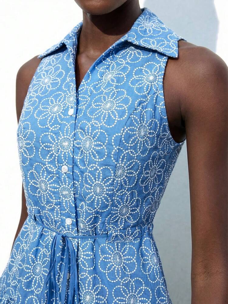 SHEIN Maija Women's Blue & White Embroidered Floral Casual Dress, Versatile For All Seasons, Modern Resort Style, Comfortable Loose Fit, Collared Neck, Layered Hem, Suitable For Summer Beach Vacation In Ibiza, Bohemian Elegant Mini Dress,Summer Dresses For Women