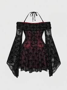 ROMWE Đầm cỡ lớn kiểu Gothic họa tiết ren jacquard hình chữ thập, tay xòe, cổ yếm, màu đen và đỏ tía, tay dài cỡ lớn cho mùa thu/đông, đầm maxi cỡ lớn in hình chữ thập dự tiệc Halloween, đầm cỡ lớn mùa thu/đông. - Nhiều màu - Xem 2