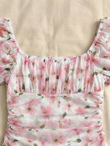 SHEIN 少女春夏/情人节碎花泡泡袖褶皱连衣裙 - 粉色 - 查看 6