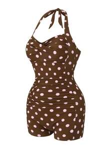 Swim Vcay Baju Renang Terusan Wanita Motif Polkadot dengan Detail Kerut dan Celana Pendek, Baju Renang Polkadot Gaya Liburan - Coffee Brown - View 5