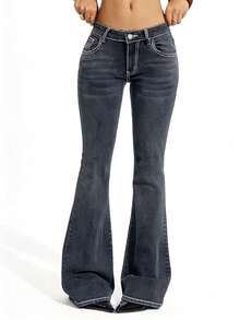 SHEIN Tall Women's Casual Versatile Flared Jeans With Pockets - Black - View 5