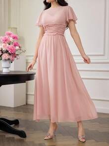 Modelyn Women's Ruched Waist Pleated Chiffon Swing Dress With Flounce Sleeves, Pink, Suitable For Spring/Summer Vacation - Pink - View 6