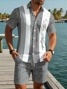 Manfinity RSRT 男士夏季休闲度假风字母印花撞色纹理面料短袖衬衫和抽绳腰短裤套装 - 彩色 - 查看 7