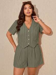 Elaquor Plus Size Women Striped Short Sleeve Button-Up Shirt And Shorts Casual 2-Piece Set - Army Green - View 3