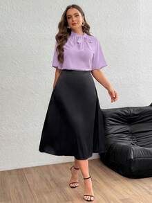 SHEIN Privé 大码女式纯色系带领插肩袖优雅衬衫 - 紫色 - 查看 6