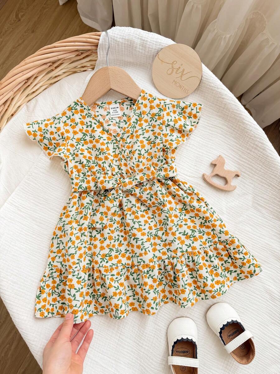 Babygirl Summer Cute Ditsy Floral Short Sleeve Dress, Mommy And Me Matching Outfits (2 Pieces Sold Separately,Mothers Day Outfit ,Prom Dresses,Graduation,Prom Dresses,Graduation Dresses,Summer Dress ,Summer Outfits - Yellow - View 1
