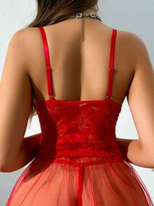 SHEIN 2 件套万圣节蕾丝对比网眼性感睡袍（带钢圈、丁字裤）女士 - 紅色 - 查看 2