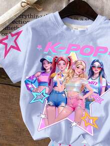 Set de 2 piezas de camiseta de manga corta con cuello redondo y pantalones cortos con estampado de letra y estrella de grupo de chicas K-POP colorido y fresco, adecuado para el verano, para niña joven y casual - Multicolor - Ver 5