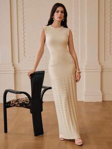 ZEYLAH Elegant Beaded Sleeveless Maxi Knit Dress, Summer - Light Yellow - View 2