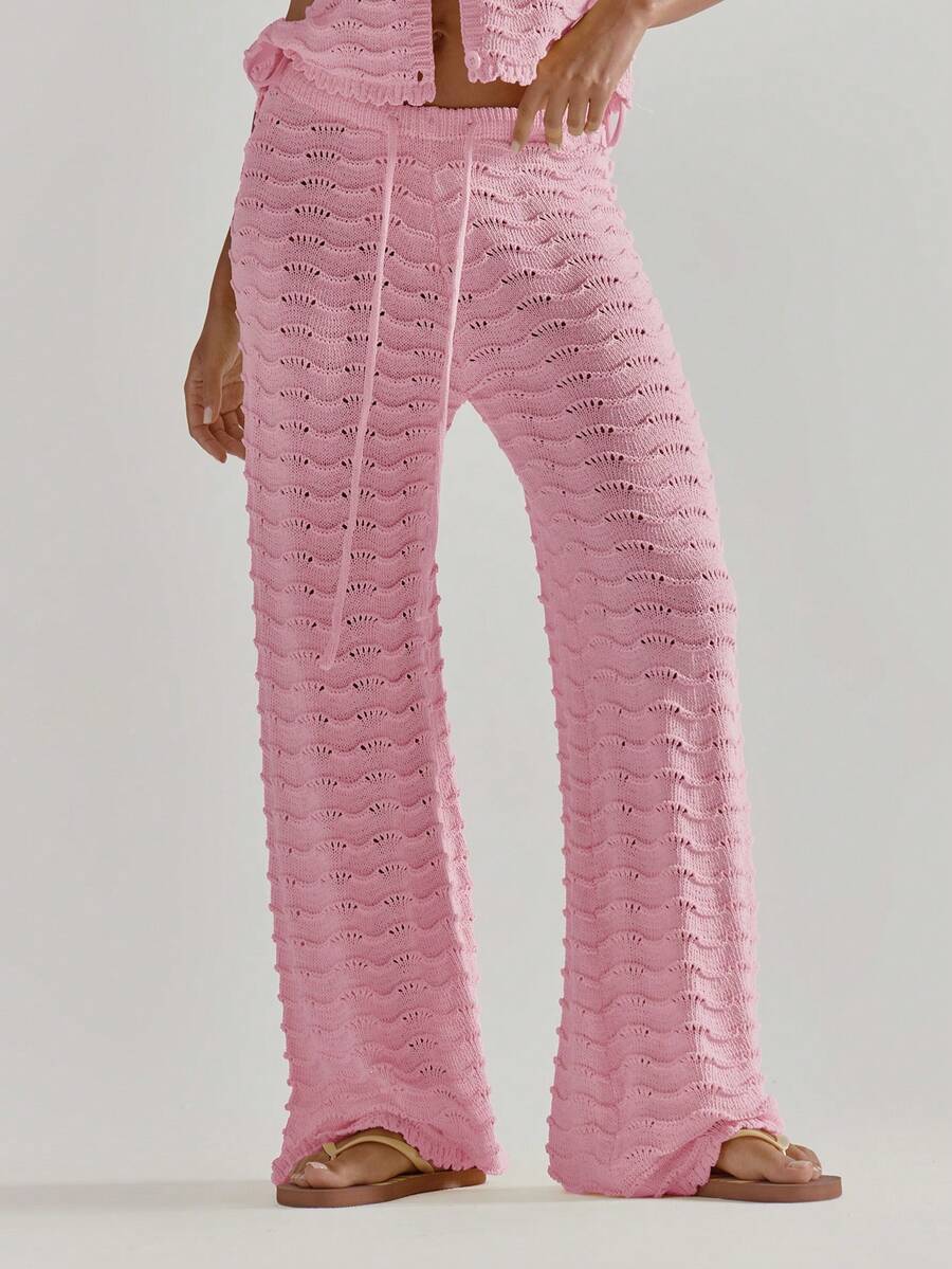 MUSERA 扇形下摆系带腰部宽松休闲中腰波浪钩针裤套装下装(仅下装)可爱沙滩罩衫夏季春季度假外出游泳性感钩针针织 - 淺粉色 - 查看 1