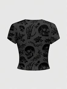 Grunge Punk 朋克荆棘音乐节玫瑰花和可爱校园图案印花加大码女式T恤 - 黑色 - 查看 2