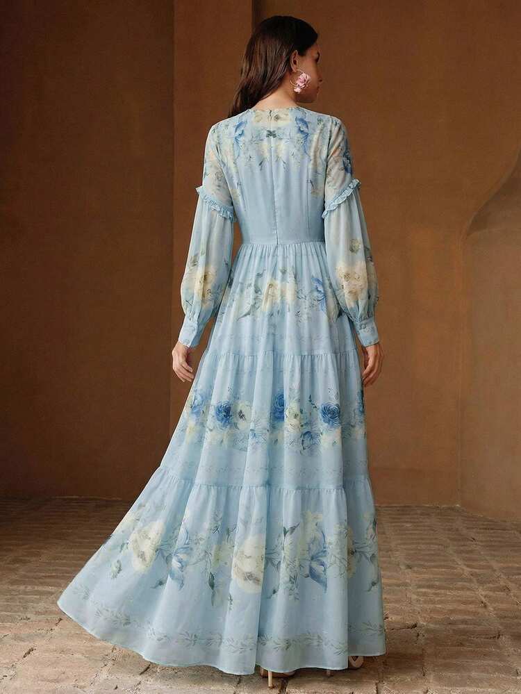 Women's Petal Sleeve Fitted Round Neck Floral Print Dress, Casual Resort Style For Spring/Summer