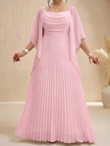 大码优雅纯色褶皱连衣裙，适合派对穿着 - 粉色 - 查看 5