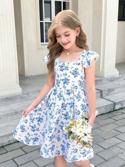 Vestido de línea A con estampado, detalles de volantes y moño en la espalda con decoración de mariposa para niñas preadolescentes elegantes