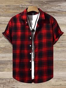 Manfinity Homme Men's Plaid Single-Breasted Casual Short Sleeve Shirt - Red - View 3