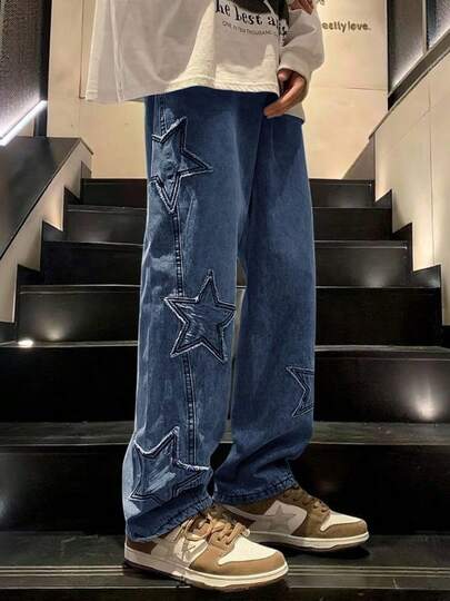 Pantalones vaqueros holgados de estilo informal para hombre con estampado de estrellas; perfectos para el día a día y para combinar con cualquier look, ideales para adolescentes y universitarios.--Tejido clásico no elástico, tela vaquera informal, diseño de bolsillos moderno, tela vaquera resistente