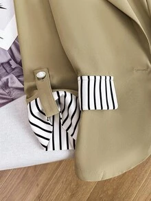 Franclia 2026 New Women's Fashion Lightweight Blazer,Three-Quarter Sleeves Striped Details Pearl Buttons Chic Summer Office Wear,Beige Elegant Business Jacket - Khaki - View 5