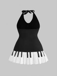ROMWE Grunge Punk Váy mini Y2K cỡ lớn, dây đeo xếp ly cổ điển in hình bàn phím - màu đen - Xem 2