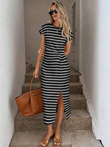 SHEIN LUNE 条纹印花优雅扭结高开衩无袖中长连衣裙，女士休闲针织纹理修身连衣裙，女士生日装，女士健身套装，女士婚礼宾客礼服，女士办公服装 - 彩色 - 查看 2